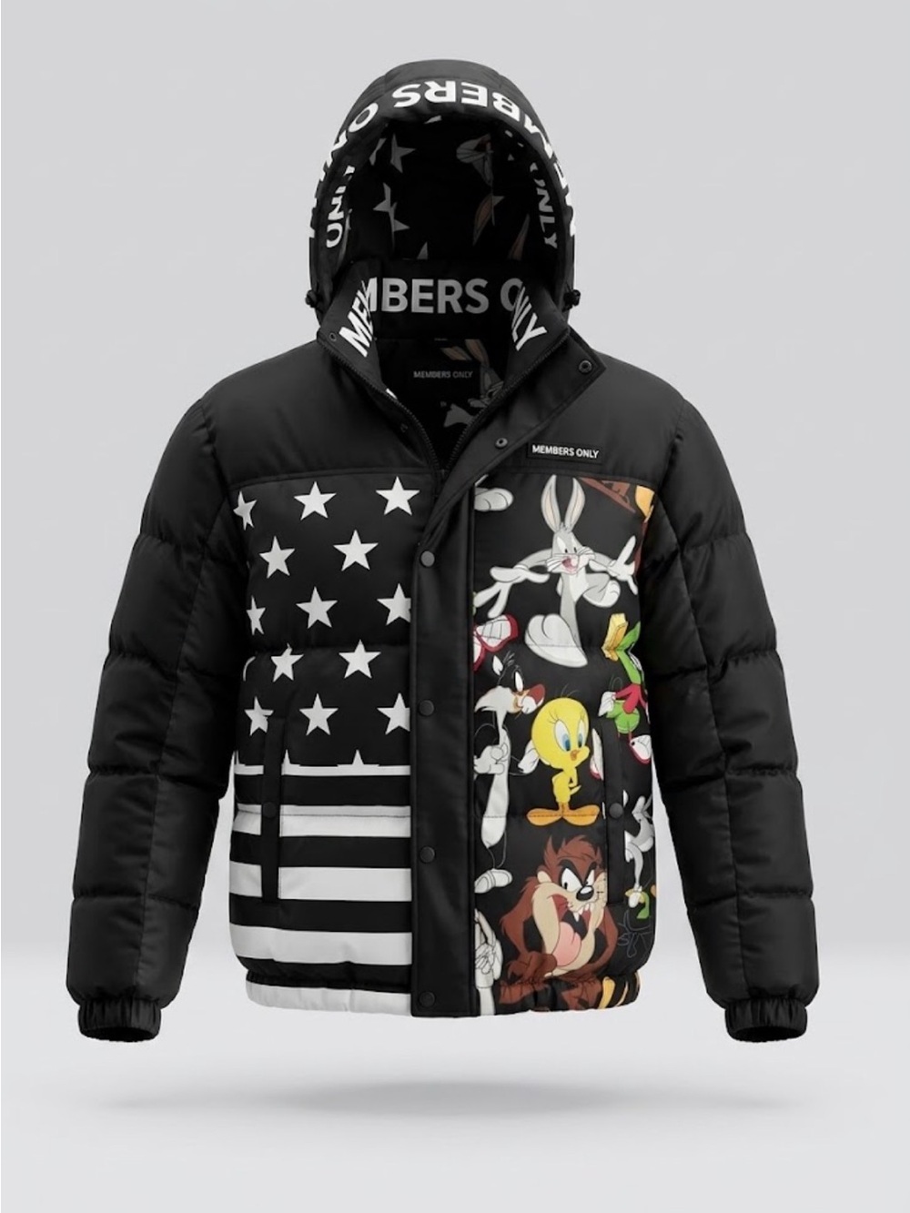 Members Only Mens Puffer Jacket - Black with Looney Tunes Characters Novelty